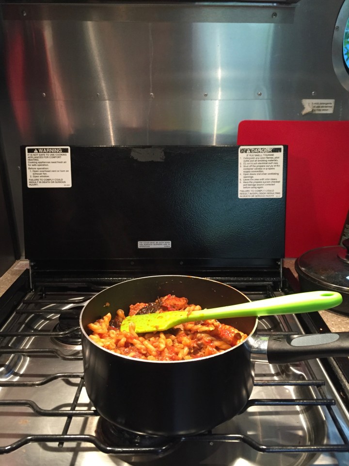 Vegan pasta in the Airstream kitchen