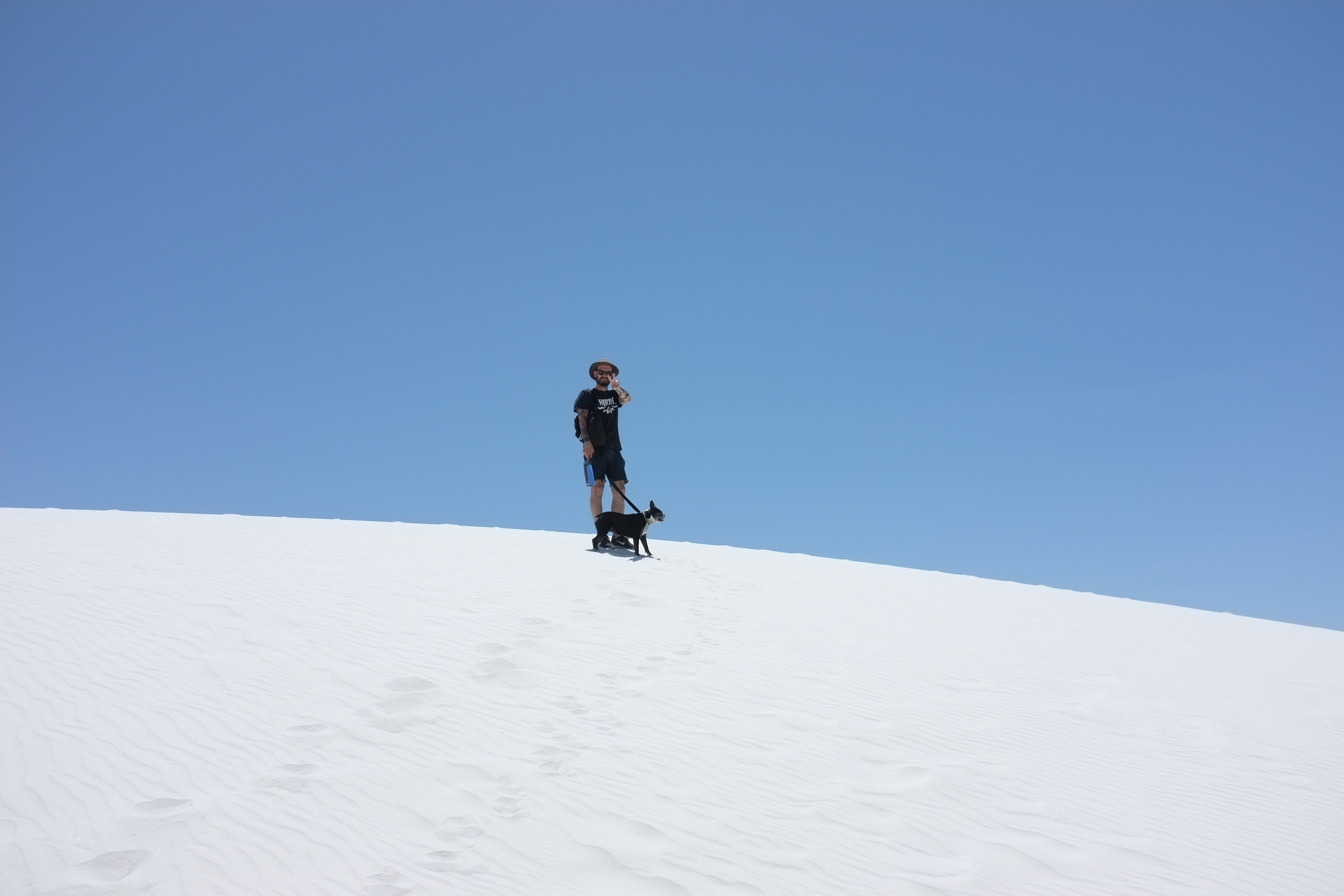 A person standing on a white sandy dune with a dog, against a clear blue sky.